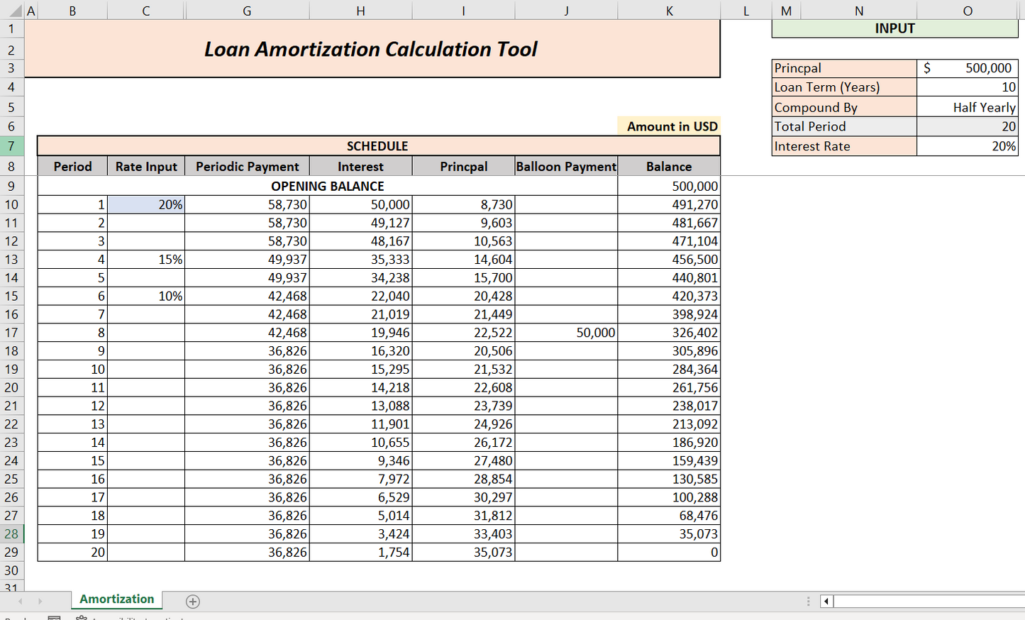 Amortization Table Schedule With Monthly, Half Yearly and Yearly Terms with Revised Rate and Balloon Payment Feature in Microsoft Excel