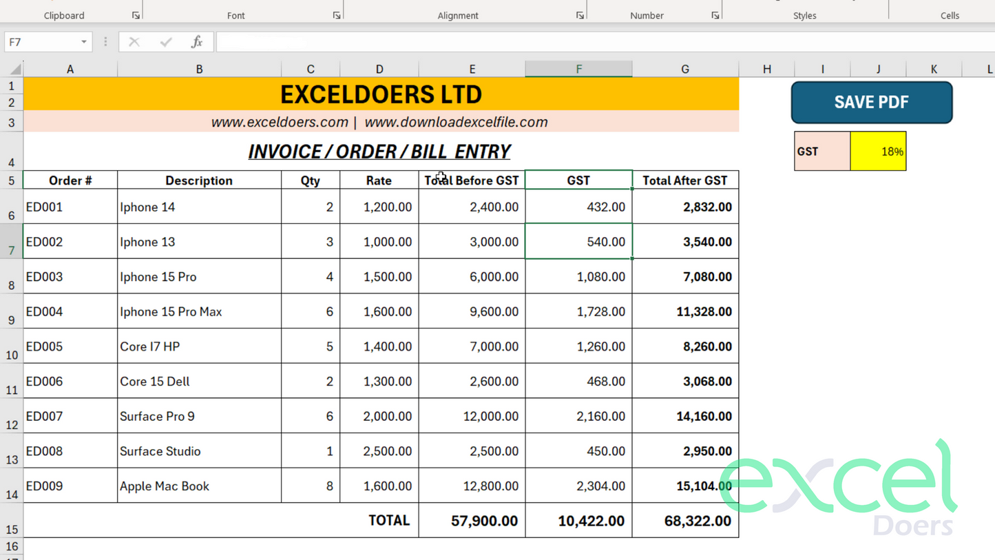 Order / Invoice / Bill Entry Excel Program with Export PDF Button