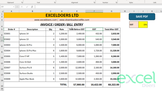Order / Invoice / Bill Entry Excel Program with Export PDF Button