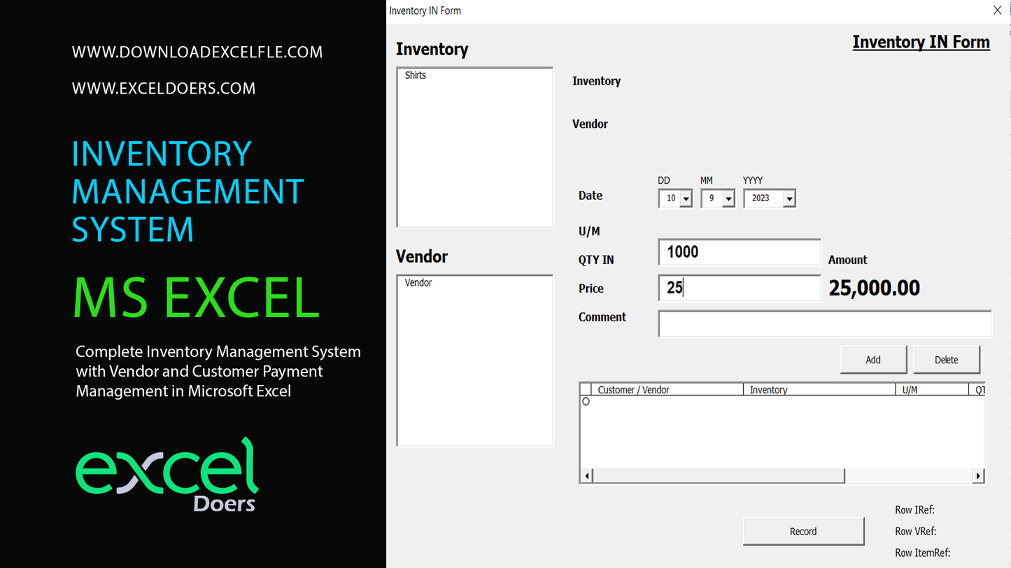 Inventory Management System, Customer and Vendor Management System in Microsoft Excel