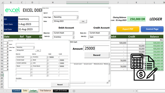 Excel Accounting Software | Automated Accounting Ledger with Running Balances, Trial Balance with Transaction Recording Forms